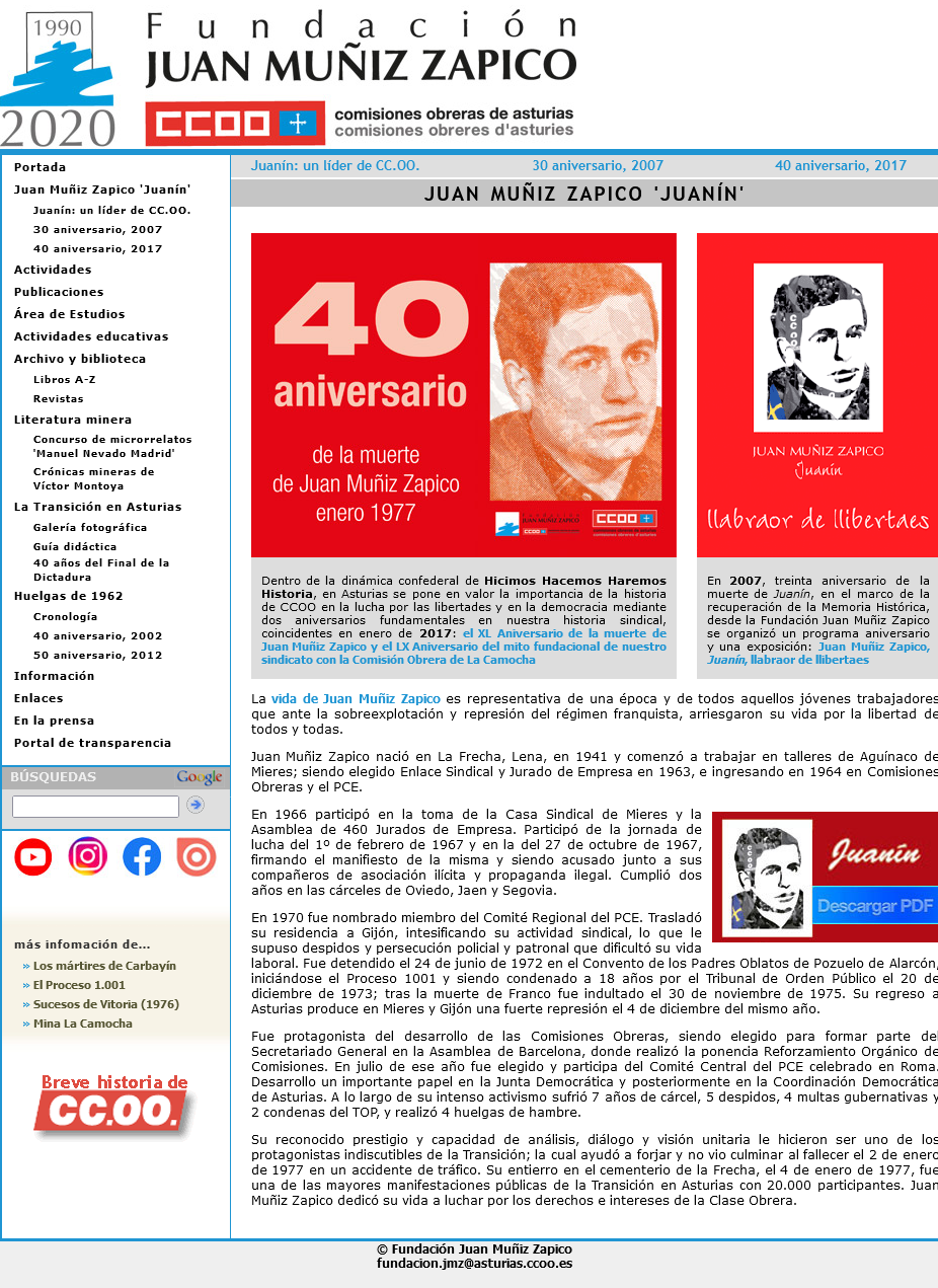 Captura del apartado de Juan Muñíz Zapico de la web antigua de la Fundación Zapico